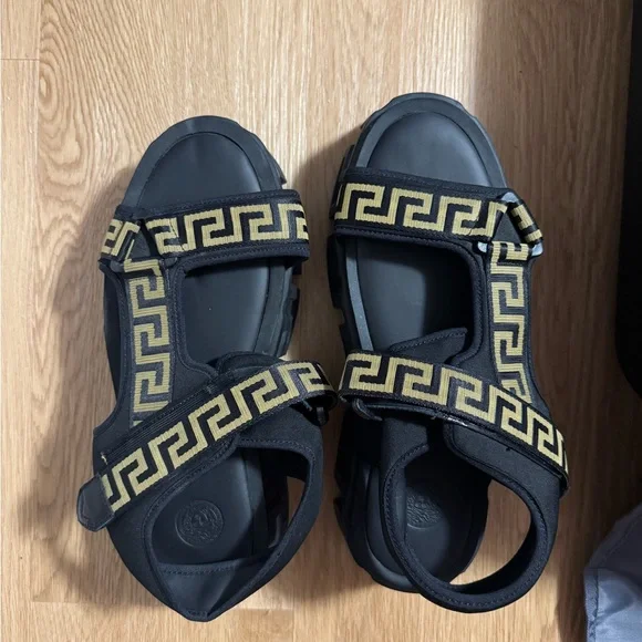 Versace Black and Gold Geometric Sandals